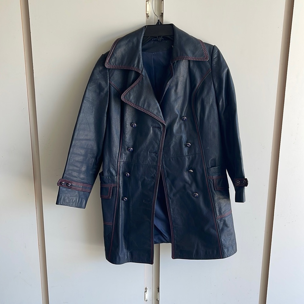 Vintage authentic leather blue with red piping trench coat